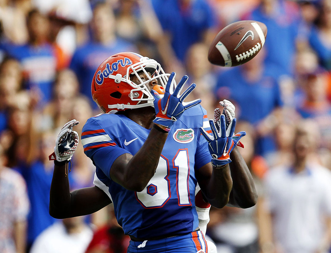 Florida Gators wide receiver Antonio Callaway (81) catches a touchdown pass against the Florida Atlantic Owls during the second half at Ben Hill Griffin Stadium on Saturday, Nov. 21 2015 in Gainesville, Fla. Florida defeated FAU 20-14 in overtime. Matt Stamey/Staff photographer, The Gainesville Sun