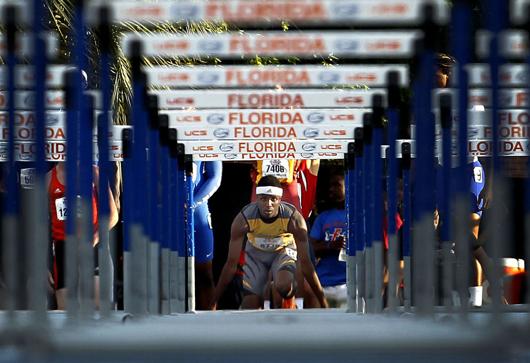 Buchholz's Wesley Brandenberg gets ready to compete in the boys 110 meter hurdles during the first day of the Florida Relays at the University of Florida on Thursday, April 2, 2015 in Gainesville, Fla. (Matt Stamey/Staff photographer)