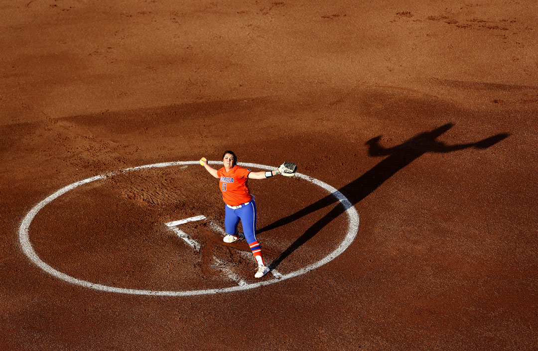Florida Gators pitcher Lauren Haeger throws against the Michigan Wolverines during game two of the championship series of the Women's College World Series on Tuesday, June 2, 2015 in Oklahoma City. (Matt Stamey/Staff photographer)