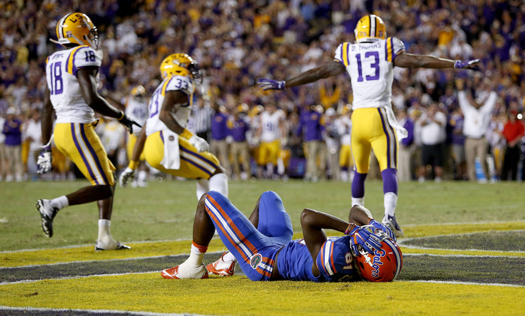 Florida Gators wide receiver Antonio Callaway (81) reacts after dropping a pass in the end zone against the LSU Tigers during the second half at Tiger Stadium on Saturday, Oct. 17, 2015 in Baton Rouge, La. LSU defeated Florida 35-28. Matt Stamey/Staff photographer