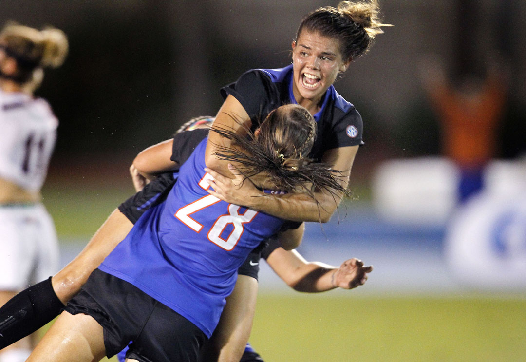 Florida Gators midfielder Liz Slattery celebrates after scoring the game-winning goal in the last second of double overtime against the South Carolina Gamecocks on Thursday, Oct. 22, 2015 in Gainesville, Fla. Matt Stamey/Staff photographer