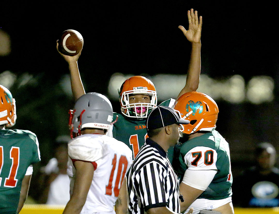 Eastside Rams quarterback Anthony Richardson celebrates after scoring a touchdown against the Santa Fe Raiders on Friday, Sept. 9, 2016 in Gainesville, FL. Santa Fe defeated Eastside 24-20. Matt Stamey/Gainesville Sun