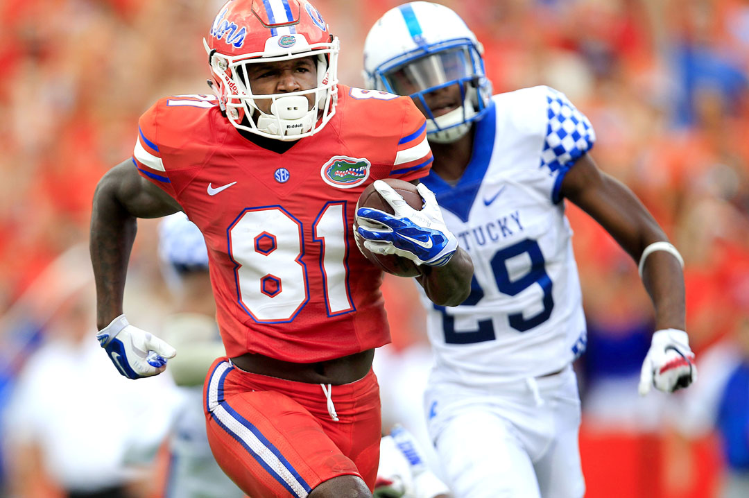 Florida Gators wide receiver Antonio Callaway (81) runs for a touchdown after making a catch in front of Kentucky Wildcats cornerback Derrick Baity (29) during the first half at Steve Spurrier Florida Field at Ben Hill Griffin Stadium on Saturday, Sept. 10, 2016 in Gainesville, FL. Matt Stamey/Gainesville Sun