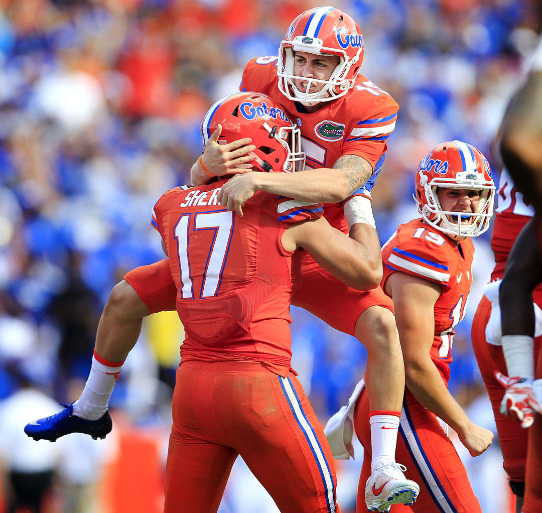 Florida Gators place kicker Eddy Pineiro (15) celebrates with defensive lineman Jordan Sherit (17) after kicking a 53-yard field goal against the Kentucky Wildcats during the first half at Steve Spurrier Florida Field at Ben Hill Griffin Stadium on Saturday, Sept. 10, 2016 in Gainesville, FL. Matt Stamey/Gainesville Sun