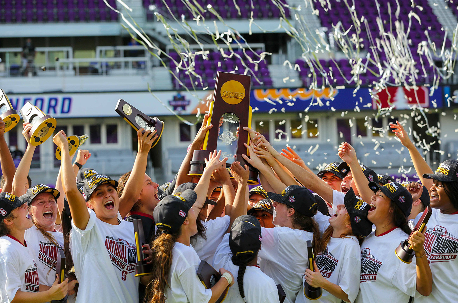 Dec 3, 2017; Orlando, FL, USA; The Stanford Cardinal celebrate after defeating the UCLA Bruins in the NCAA women's soccer College Cup championship at Orlando City Stadium. Mandatory Credit: Matt Stamey-USA TODAY Sports