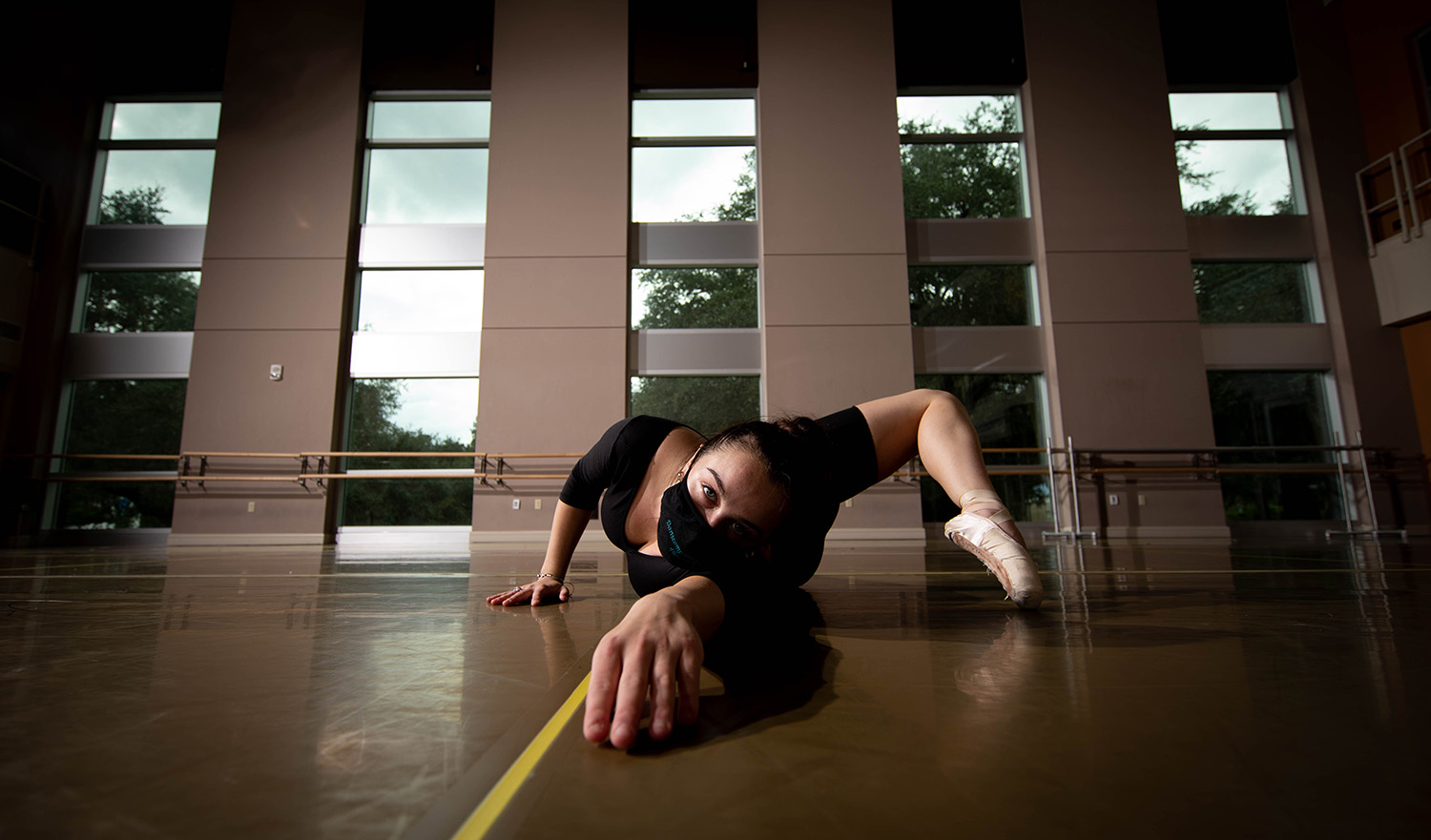 Students in the Santa Fe College dance program during a class on Sept. 16, 2020 Dancers were spaced out via taped squares on the floor and required to wear masks. (Matt Stamey/Santa Fe College ) ***Subjects Have Releases***