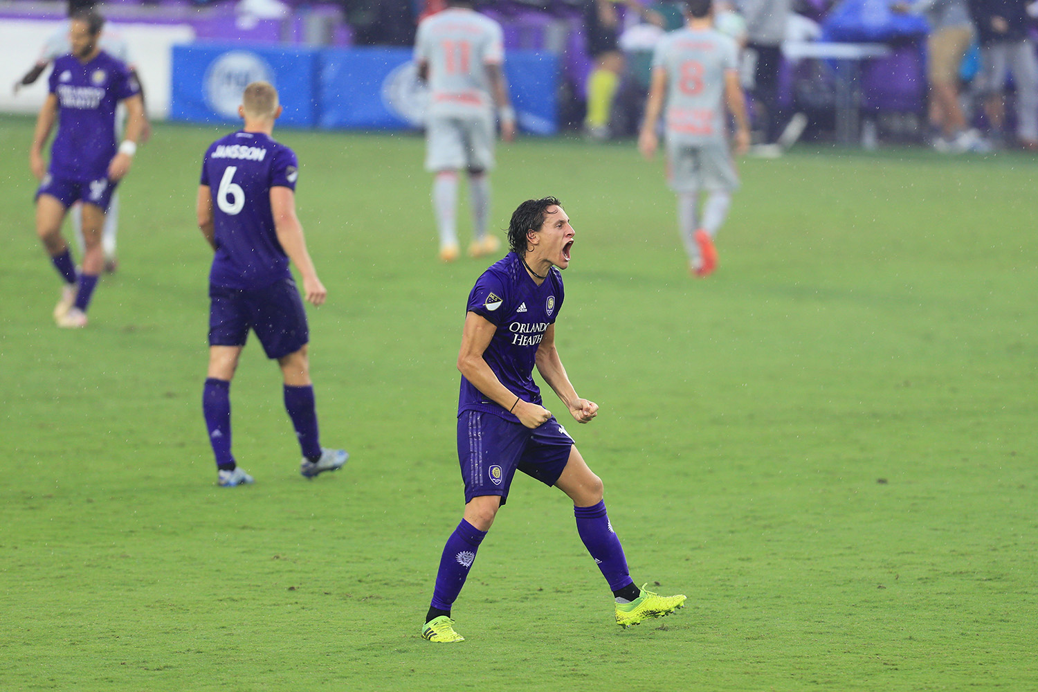 Oct 3, 2020; Orlando, Florida, USA; Orlando City defender Rodrigo Schlegel (15) celebrates after the game against the New York Red Bulls at Orlando City Stadium. Mandatory Credit: Matt Stamey-USA TODAY Sports