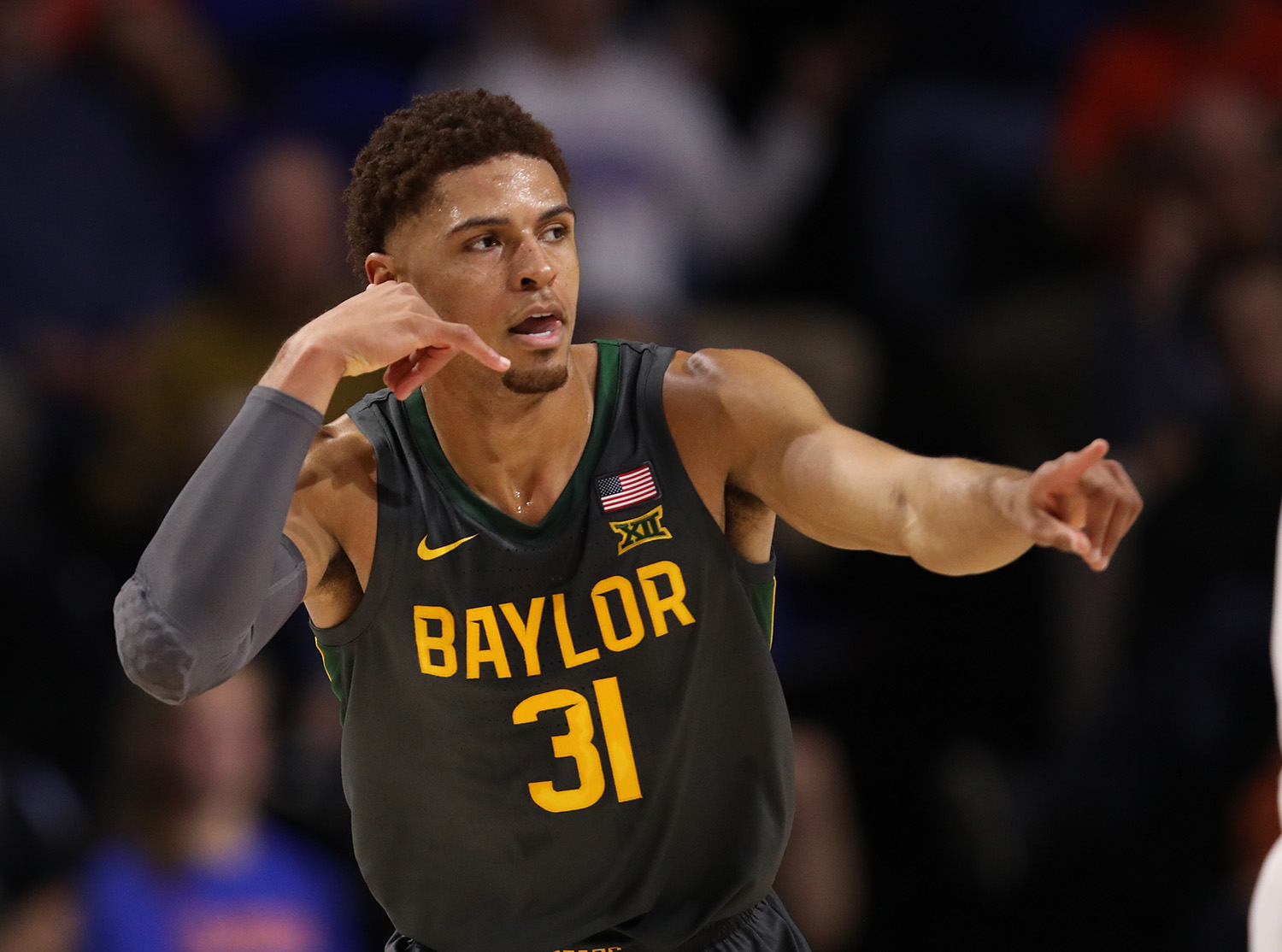 Baylor guard MaCio Teague (31) celebrates after making a three against Florida during the first half of an NCAA college basketball game Saturday, Jan. 25, 2020, in Gainesville, Fla. (AP Photo/Matt Stamey)