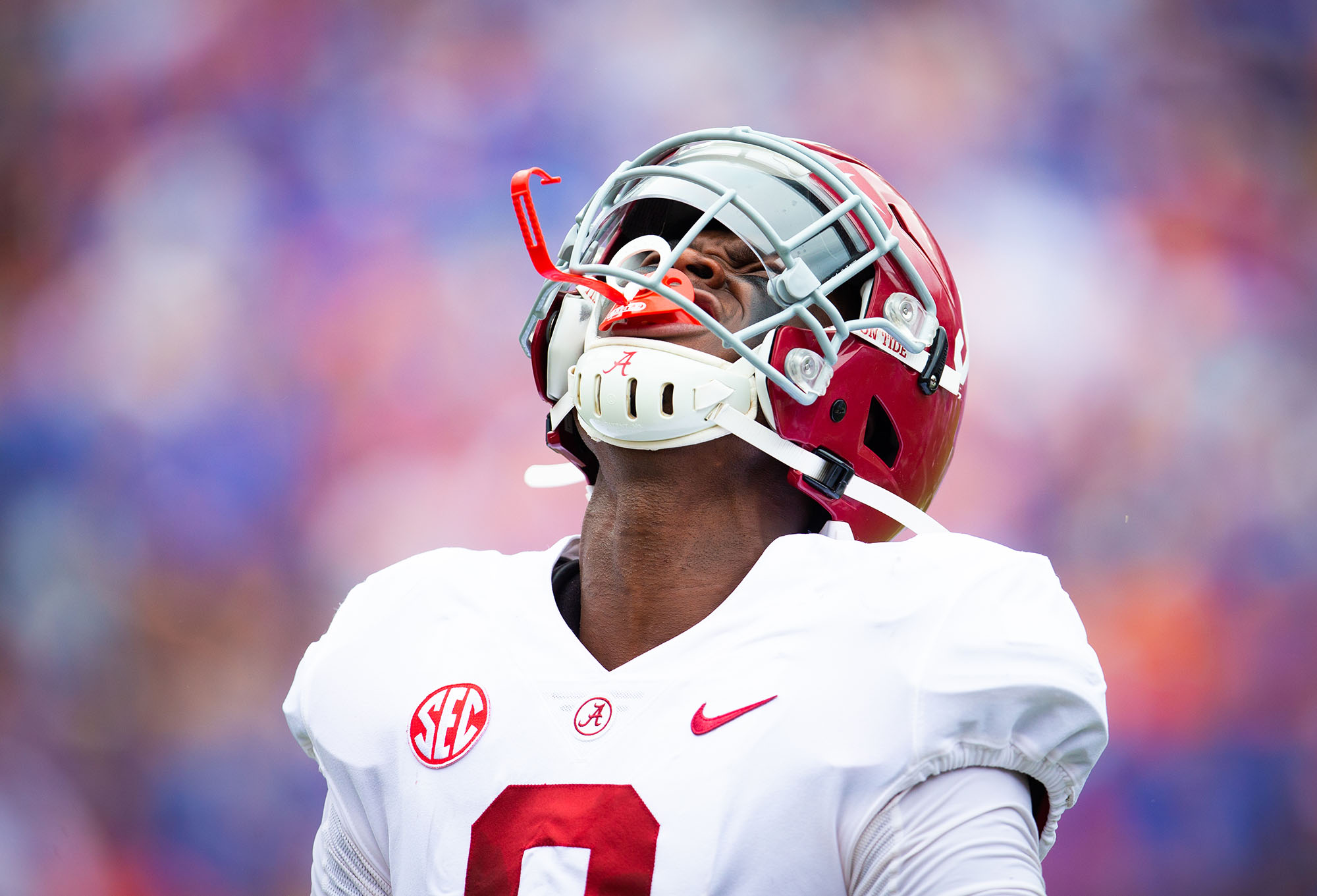 during an NCAA college football game Saturday, Sept. 28, 2021, in Gainesville, Fla. Alabama defeated Florida 31-29. (Matt Stamey via AP)