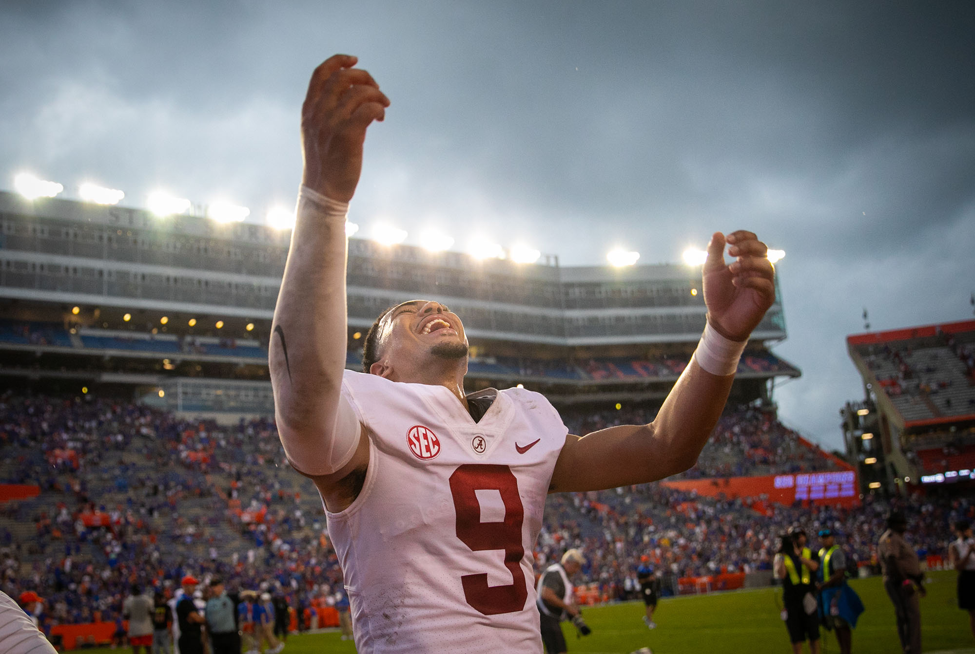 during an NCAA college football game Saturday, Sept. 28, 2021, in Gainesville, Fla. Alabama defeated Florida 31-29. (Matt Stamey via AP)