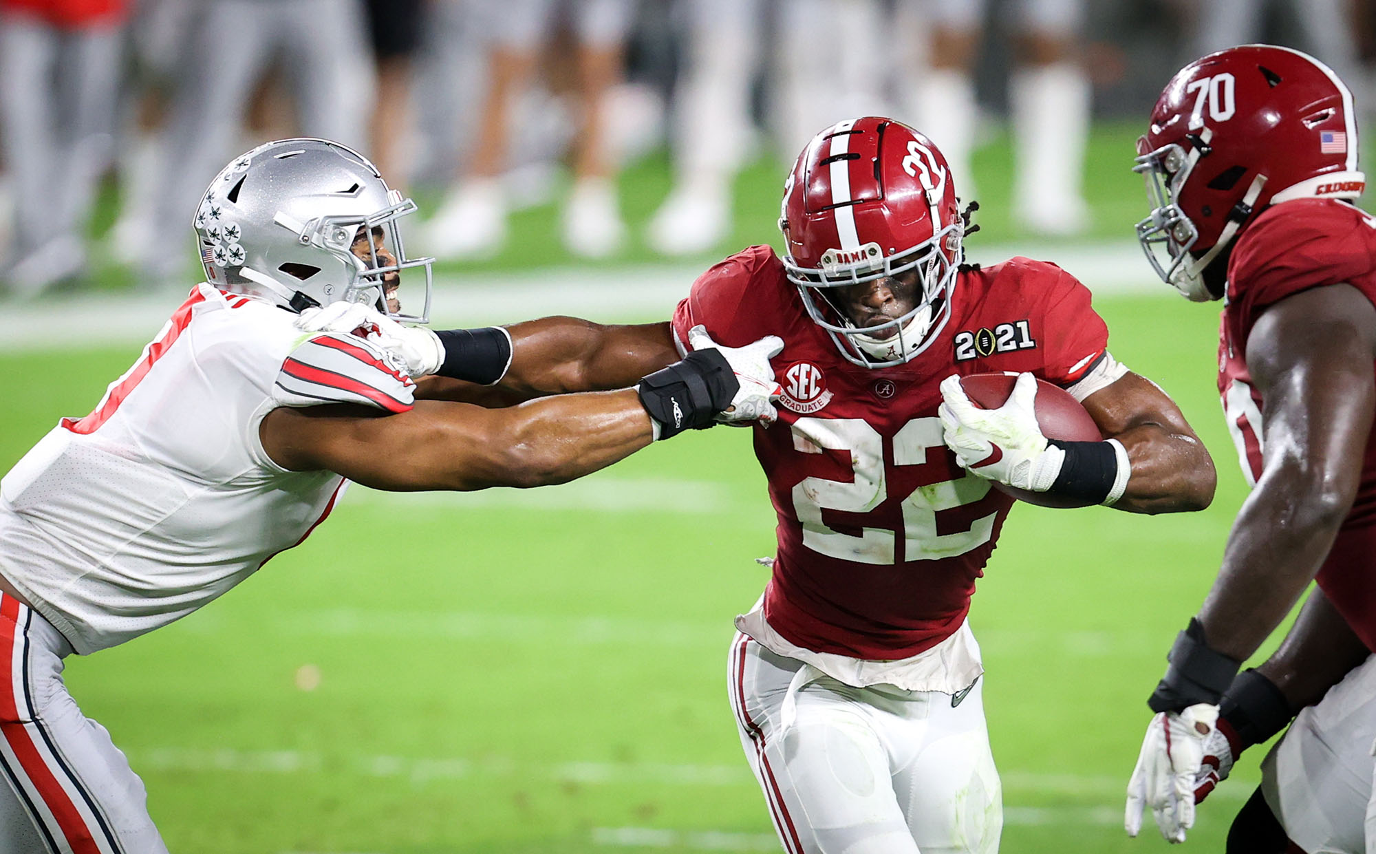Alabama Crimson Tide running back Najee Harris (22) during the 2021 College Football Playoffs National Championship game on Monday, Jan. 11, 2021 in Miami, Fla. (Photo by Matt Stamey)