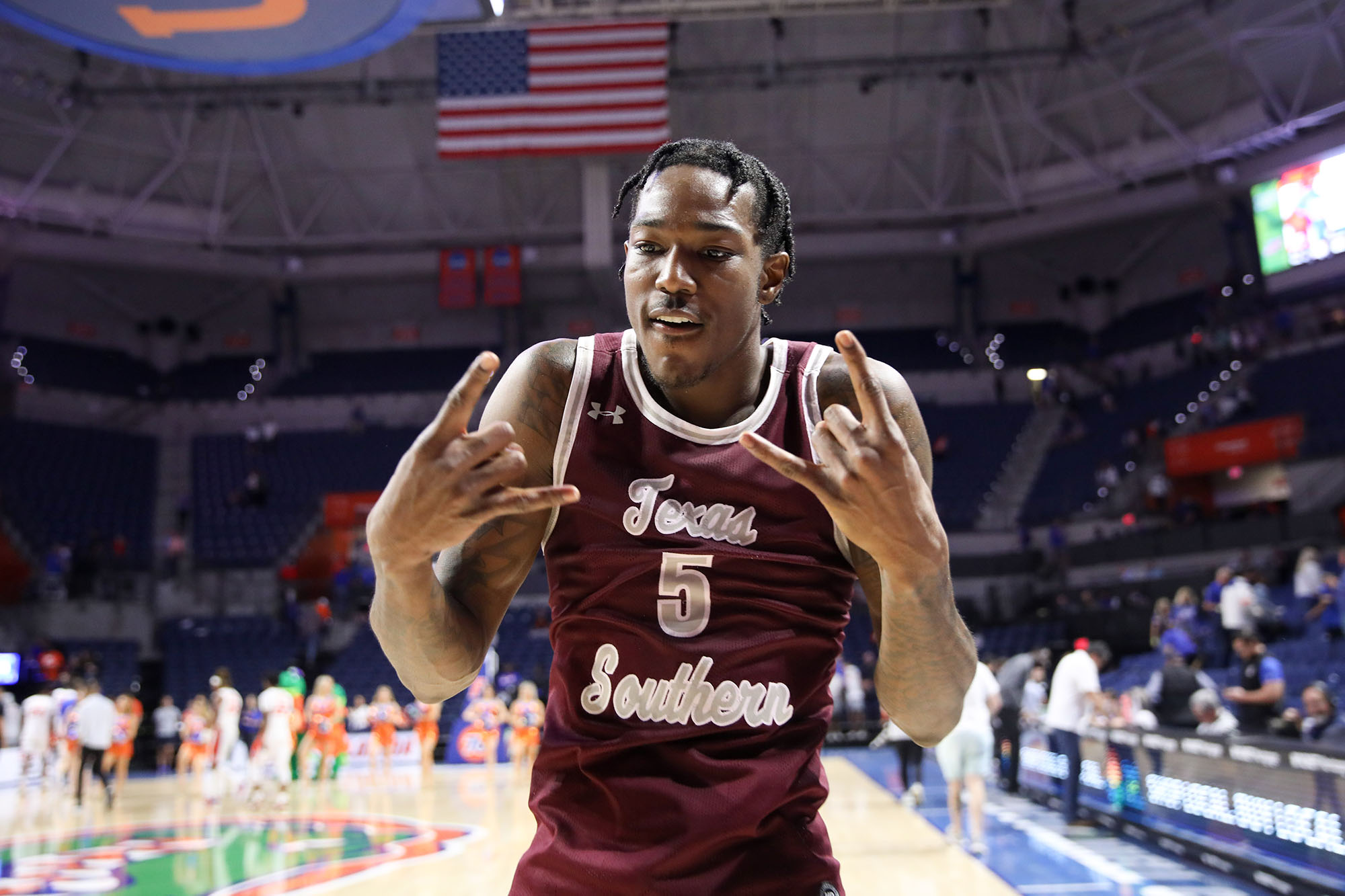 Texas Southern forward Joirdon Karl Nicholas (5) celebrates after an NCAA college basketball game against Florida, Monday, Dec. 6, 2021, in Gainesville, Fla. (AP Photo/Matt Stamey)