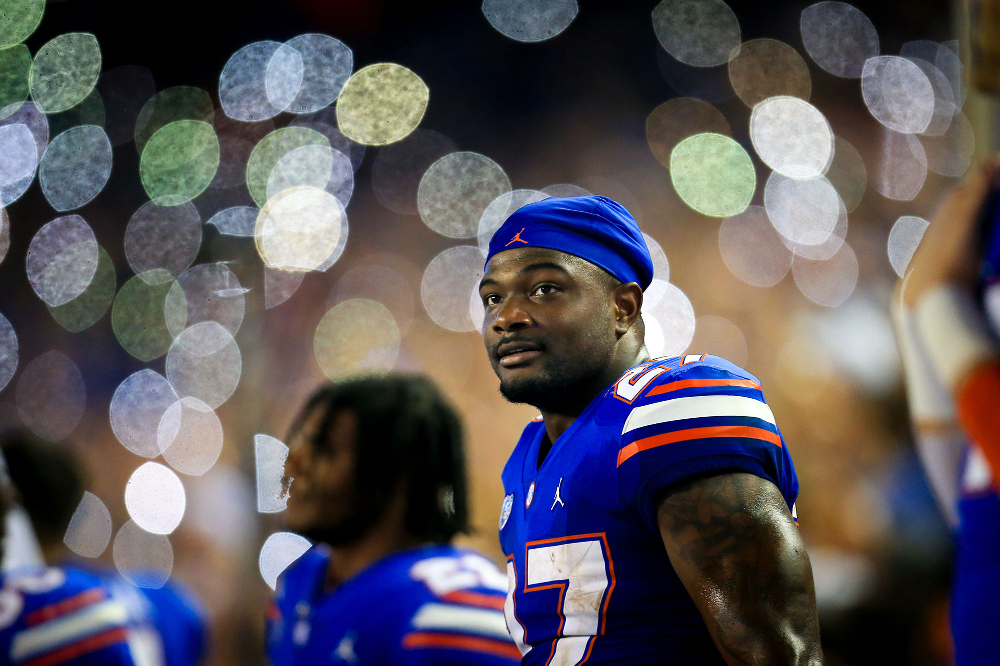 Florida Gators running back Dameon Pierce (27) on the sidelines against the Tennessee Volunteers during an NCAA college football game Saturday, Sept. 25, 2021, in Gainesville, Fla. (Matthew Stamey via AP)