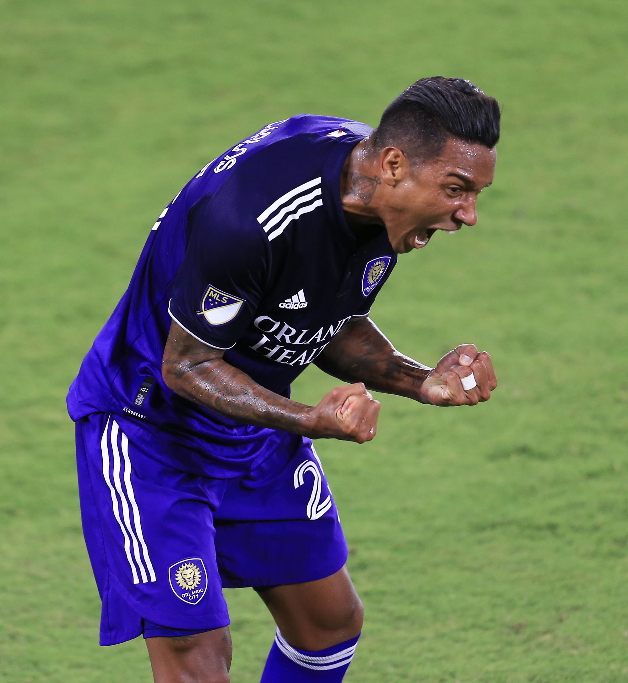 May 22, 2021; Orlando, Florida, USA; Orlando City defender Antonio Carlos (25) celebrates in extra time against Toronto FC at Orlando City Stadium. Mandatory Credit: Matt Stamey-USA TODAY Sports