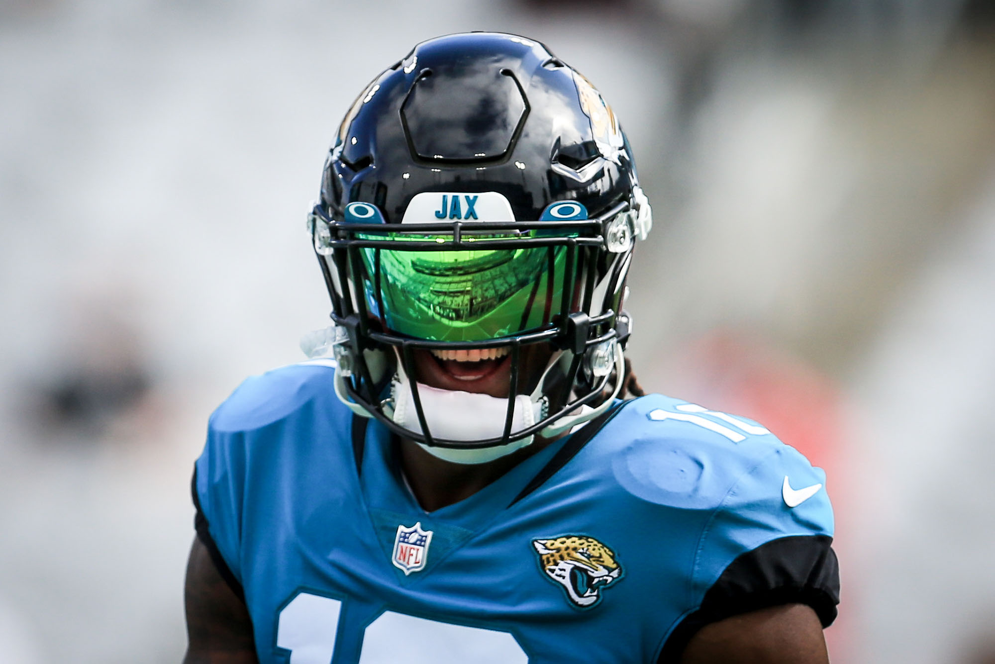 Jacksonville Jaguars wide receiver Laviska Shenault Jr. (10) before the start of an NFL football game against San Francisco 49ers, Sunday, Nov. 21, 2021, in Jacksonville, Fla. (AP Photo/Matt Stamey)