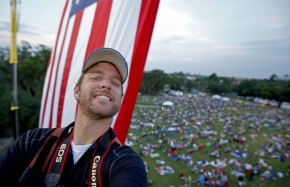 Up on a lift bucket for a 4th of July celebration at UF.