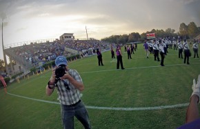 View from a helmet camera on a football player. 